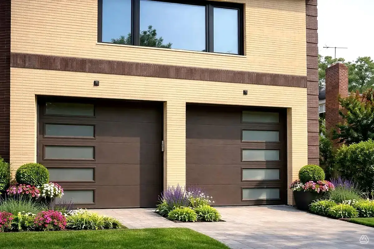 Twin black flush doors with side windows on tan brick