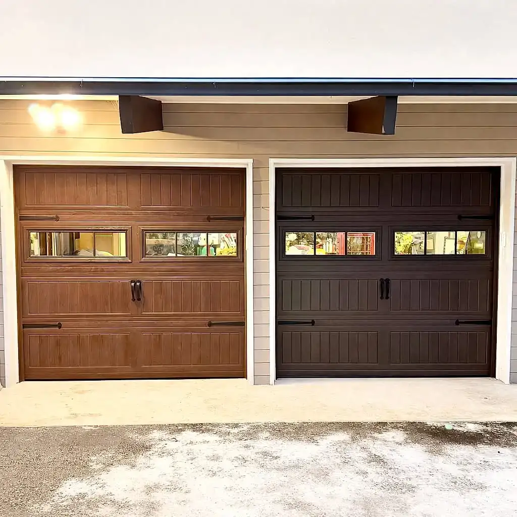 Wood-look carriage doors with windows on a two-car garage