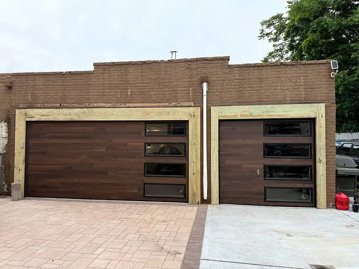 Two walnut-finish modern doors with side windows